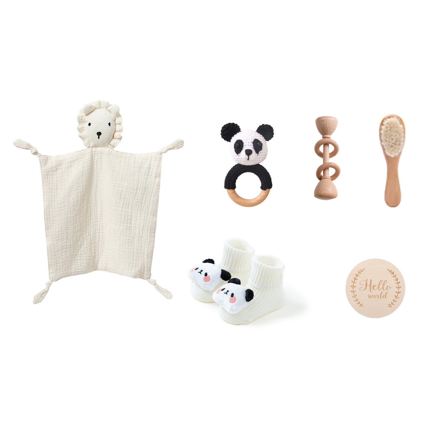 comme deux Enfants | <h1 data-mce-fragment="1">Kraamcadeau geschenkset</h1> <p data-mce-fragment="1">Op zoek naar het perfecte kraamcadeau? Onze geschenkset bestaat uit zes zorgvuldig geselecteerde items die zowel praktisch als lief zijn. Elk setje bevat een zacht knuffeldoekje, een babyborsteltje van beukenhout, een handgemaakte gehaakte bijtring, een rammelaar van beukenhout, een paar schattige babyslofjes en een houten "Hello World" bordje voor die onvergetelijke eerste foto's.