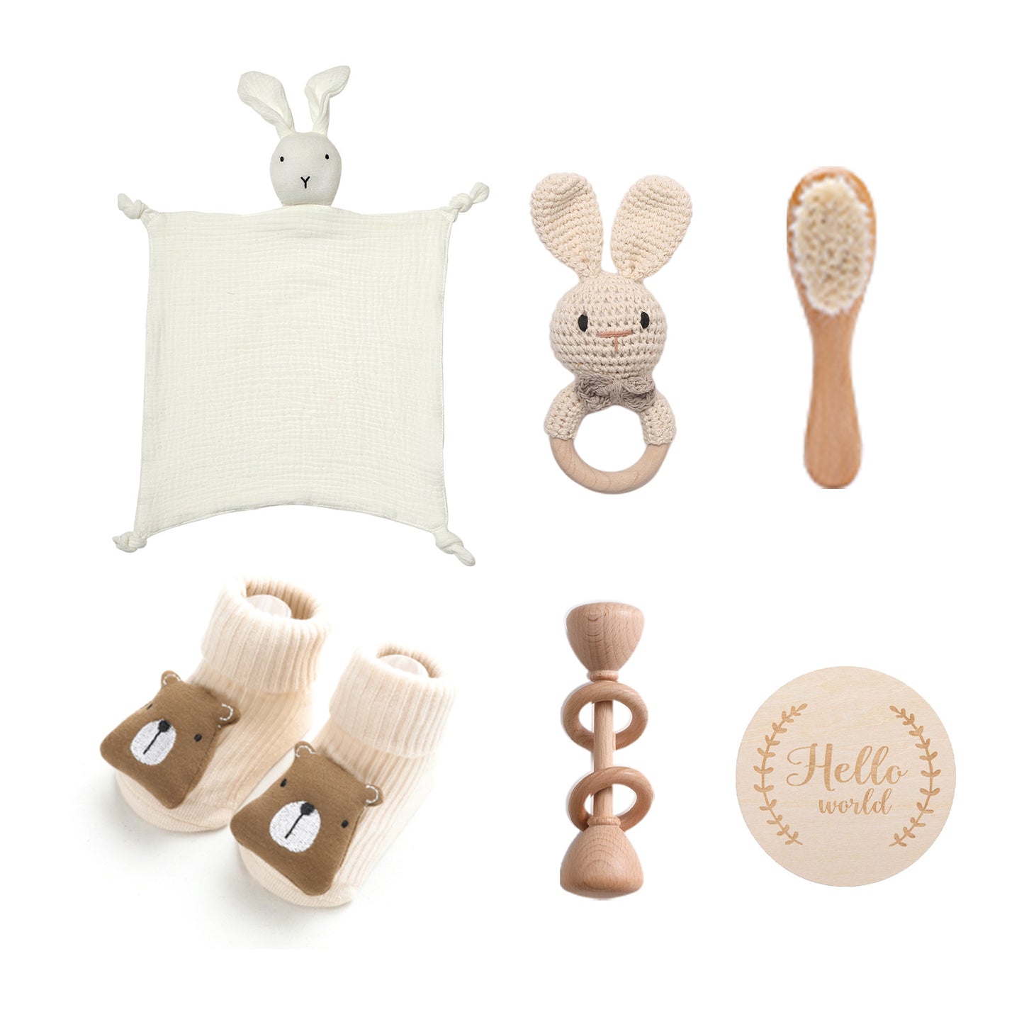 comme deux Enfants | <h1 data-mce-fragment="1">Kraamcadeau geschenkset</h1> <p data-mce-fragment="1">Op zoek naar het perfecte kraamcadeau? Onze geschenkset bestaat uit zes zorgvuldig geselecteerde items die zowel praktisch als lief zijn. Elk setje bevat een zacht knuffeldoekje, een babyborsteltje van beukenhout, een handgemaakte gehaakte bijtring, een rammelaar van beukenhout, een paar schattige babyslofjes en een houten "Hello World" bordje voor die onvergetelijke eerste foto's.