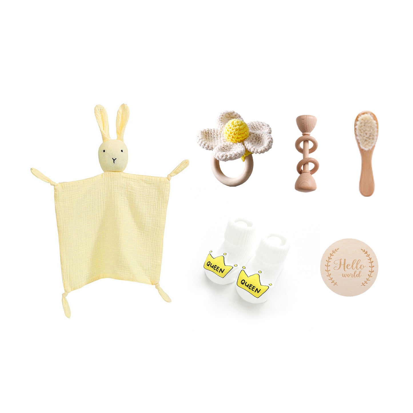 comme deux Enfants | <h1 data-mce-fragment="1">Kraamcadeau geschenkset</h1> <p data-mce-fragment="1">Op zoek naar het perfecte kraamcadeau? Onze geschenkset bestaat uit zes zorgvuldig geselecteerde items die zowel praktisch als lief zijn. Elk setje bevat een zacht knuffeldoekje, een babyborsteltje van beukenhout, een handgemaakte gehaakte bijtring, een rammelaar van beukenhout, een paar schattige babyslofjes en een houten "Hello World" bordje voor die onvergetelijke eerste foto's.
