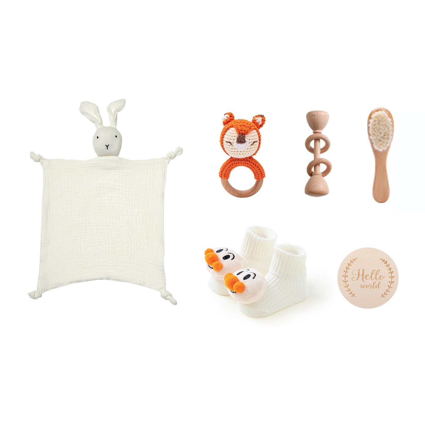 comme deux Enfants | <h1 data-mce-fragment="1">Kraamcadeau geschenkset</h1> <p data-mce-fragment="1">Op zoek naar het perfecte kraamcadeau? Onze geschenkset bestaat uit zes zorgvuldig geselecteerde items die zowel praktisch als lief zijn. Elk setje bevat een zacht knuffeldoekje, een babyborsteltje van beukenhout, een handgemaakte gehaakte bijtring, een rammelaar van beukenhout, een paar schattige babyslofjes en een houten "Hello World" bordje voor die onvergetelijke eerste foto's.